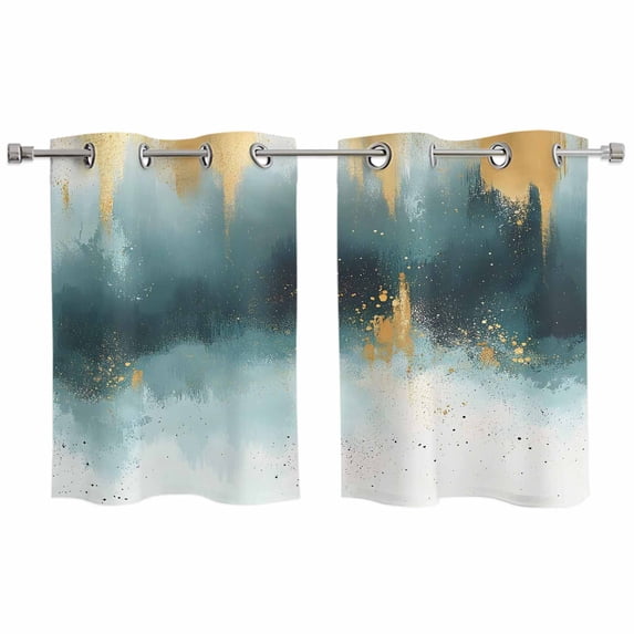 Modern Teal Gold Kitchen Curtains Small Short 39 Inch Length, Abstract Geometric Lines Grommet Top Bedroom Living Room Curtains, Light Filtering Cafe Curtain Drapes 2 Panels Set 55''x39''