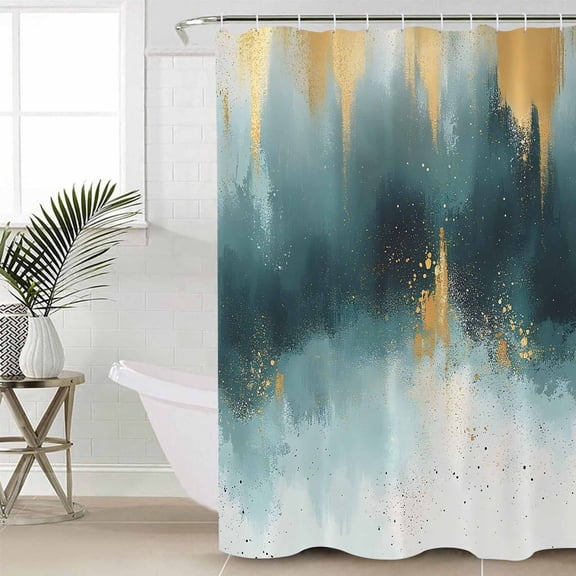 Modern Teal Gold Long Shower Curtain Set, Waterproof Shower Curtains for Bathroom, Abstract Geometric Lines Washable Fabric Cloth Bath Curtain for Bathtub Decoration with Hooks 72x84 Inches