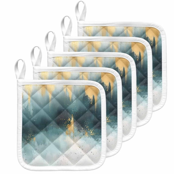 Modern Teal Gold Pot Holders for Kitchen Heatproof Potholder, 5 Pack Abstract Geometric Lines Hot Pads Multipurpose Oven Pads Cloth Potholders Trivet for Cooking Baking