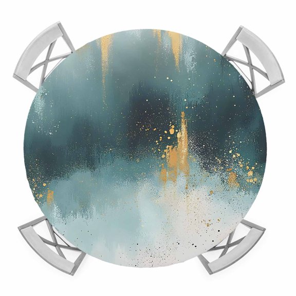 Modern Teal Gold Round Tablecloth for 36-44 Inch Tables, Fitted Table Cover with Elastic Edge, Abstract Geometric Lines Waterproof Outdoor Table Cloth Protector for Patio Garden Dinner Picnic