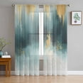 thumbnail image 1 of Modern Teal Gold Semi Sheer Curtains 63 Inch Length 2 Panels Set, Abstract Geometric Lines Sheer Kitchen Curtain Privacy Voile Window Curtain for Living Room Bedroom Rod Pocket Drapes, 1 of 7