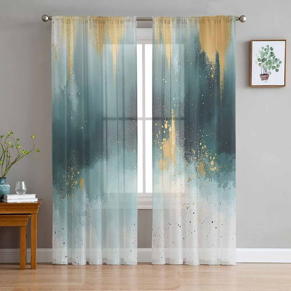 Modern Teal Gold Semi Sheer Curtains 63 Inch Length 2 Panels Set, Abstract Geometric Lines Sheer Kitchen Curtain Privacy Voile Window Curtain for Living Room Bedroom Rod Pocket Drapes