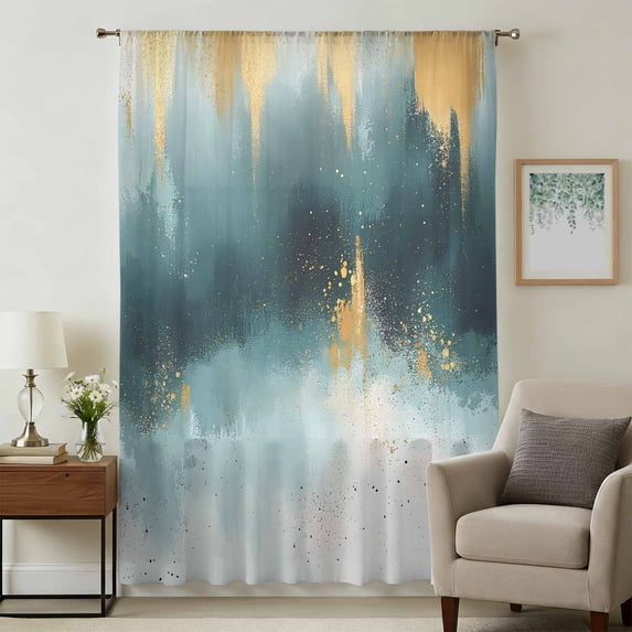 Modern Teal Gold Sheer Curtains 63 Inches Long, Abstract Geometric Lines Light Filering Curtains, Breathable Simi Curtain Privacy Drapes for Living Room Bedroom Lightweight Window Treatment