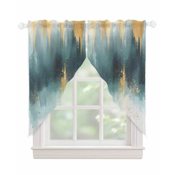 Modern Teal Gold Swag Valances for Windows, Abstract Geometric Lines Rod Pocket Sheer Valances for Large Windows, Swag Toppers Light Filtering for Kitchen Living Room 2 Panels 36''x63''