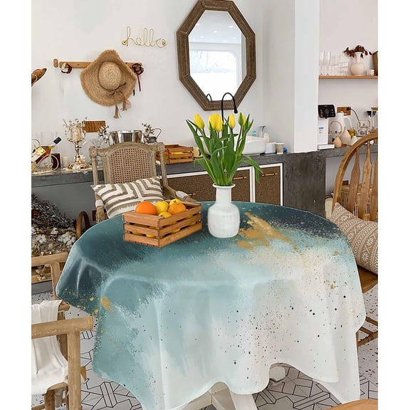 Modern Teal Gold Tablecloth Square Table Cloth 60x60 , Waterproof Tablecloth Outdoor Table Cloth, Abstract Geometric Lines Washable Table Cover for Kitchen Dining Party