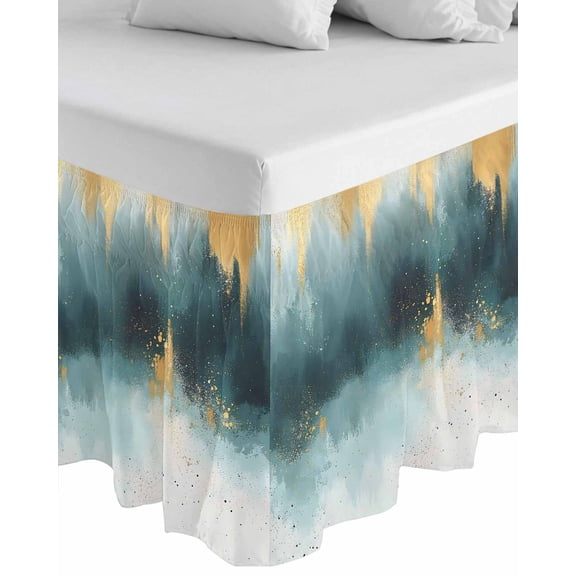 Modern Teal Gold Wrap Around Bed Skirts for Queen Bed 18" Drop, Bed Skirt with Adjustable Elastic Belt Dust Ruffle Bed Valance for Bedroom Hotel Luxury Abstract Geometric Lines Bed Frame Cover