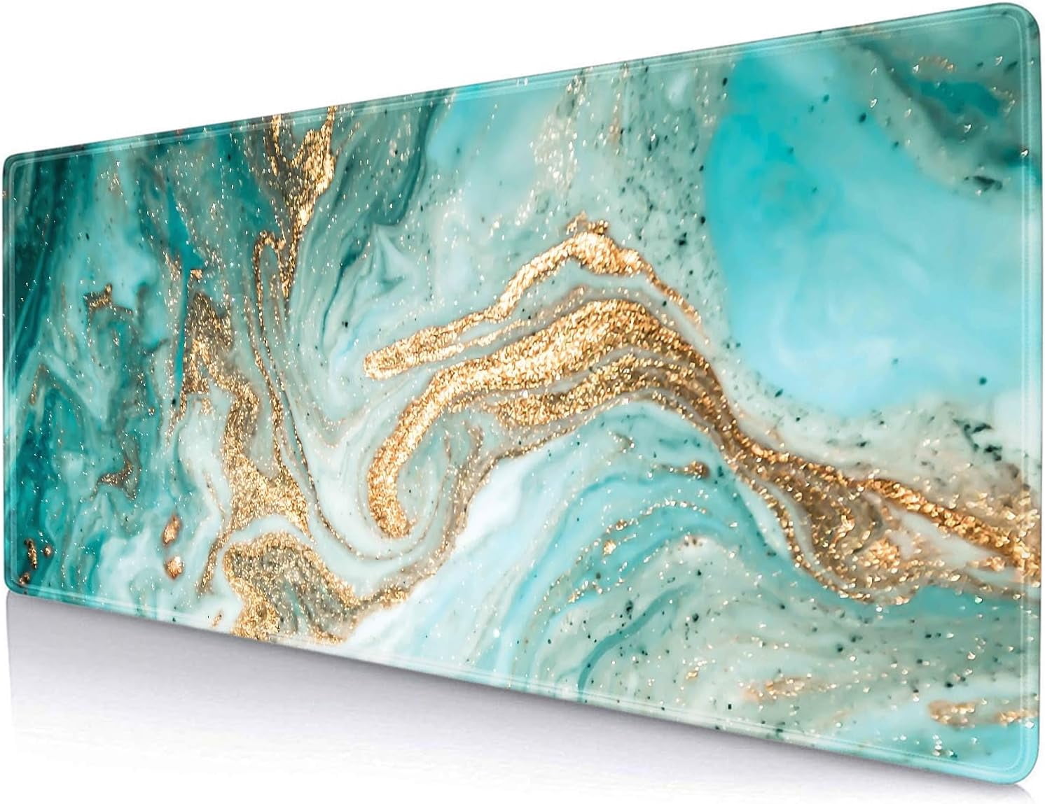 Modern Teal Green & Gold Marble Texture Art Mouse Pad - 31.5x11.8 Inch, Extended Gaming Mousepad with Stitched Edges, Rubber Base, Ideal for Work, Office, Home