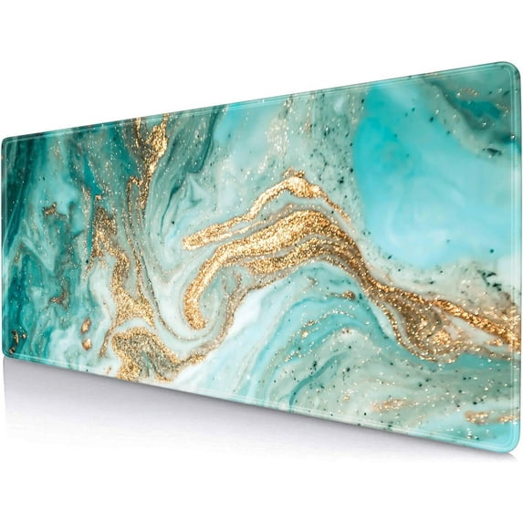 Modern Teal Green & Gold Marble Texture Art Mouse Pad - 31.5x11.8 Inch, Extended Gaming Mousepad with Stitched Edges, Rubber Base, Ideal for Work, Office, Home
