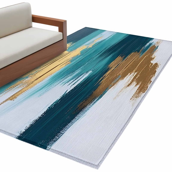 Modern Teal Green Large Area Rugs for Bedroom Living Room, Soft Non Slip Carpet Bedside Rug, Abstract White Gold Oil Painting Rectangular Floor Cover Kitchen Accent Rug 4'x6' for Dining Room/Office