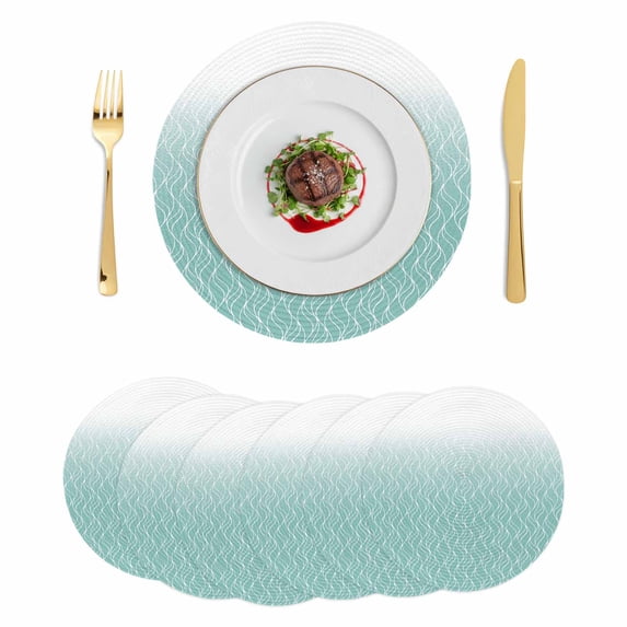Modern Teal Green Round 13 Inch Placemats Set of 6, Abstract Ombre Geometric Morocco HeatResistant Non Slip Place Mats for Dining Table, Wipeable Braided Kitchen Table Mats for Housewarming