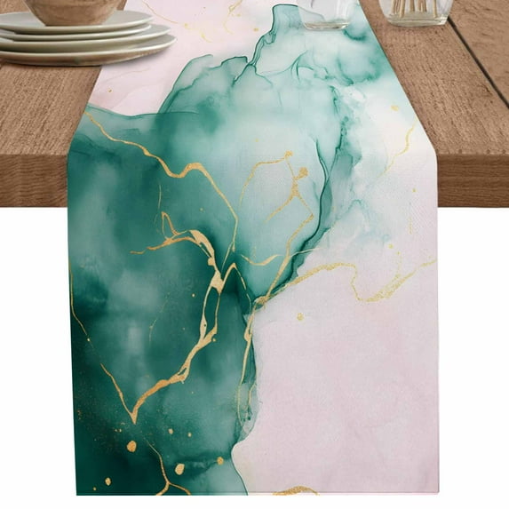 Modern Teal Green Water Ripple Table Runner-70 Inch Long Abstract Pink Marble Table Runners Linen Burlap Tablerunner for Kitchen Dining Room Holiday Party