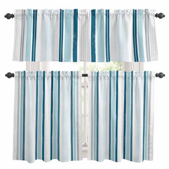 Modern Teal and Grey Stripe Kitchen Curtains and Valances Set, Minimalist Trend Vertical Stripes 3 Piece Curtains Valances and Tiers Set Rod Pocket for Kitchen Bathroom Windows 36 Inch