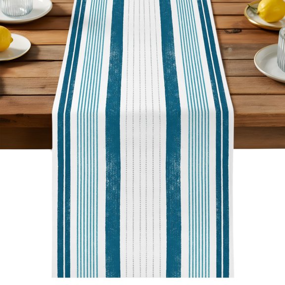 Modern Teal and Grey Stripe Table Runner, Minimalist Trend Vertical Stripes Cotton Linen Kitchen Dining Table Runner Home Decor for Party Festival Holiday Decoration Gift 18x72in