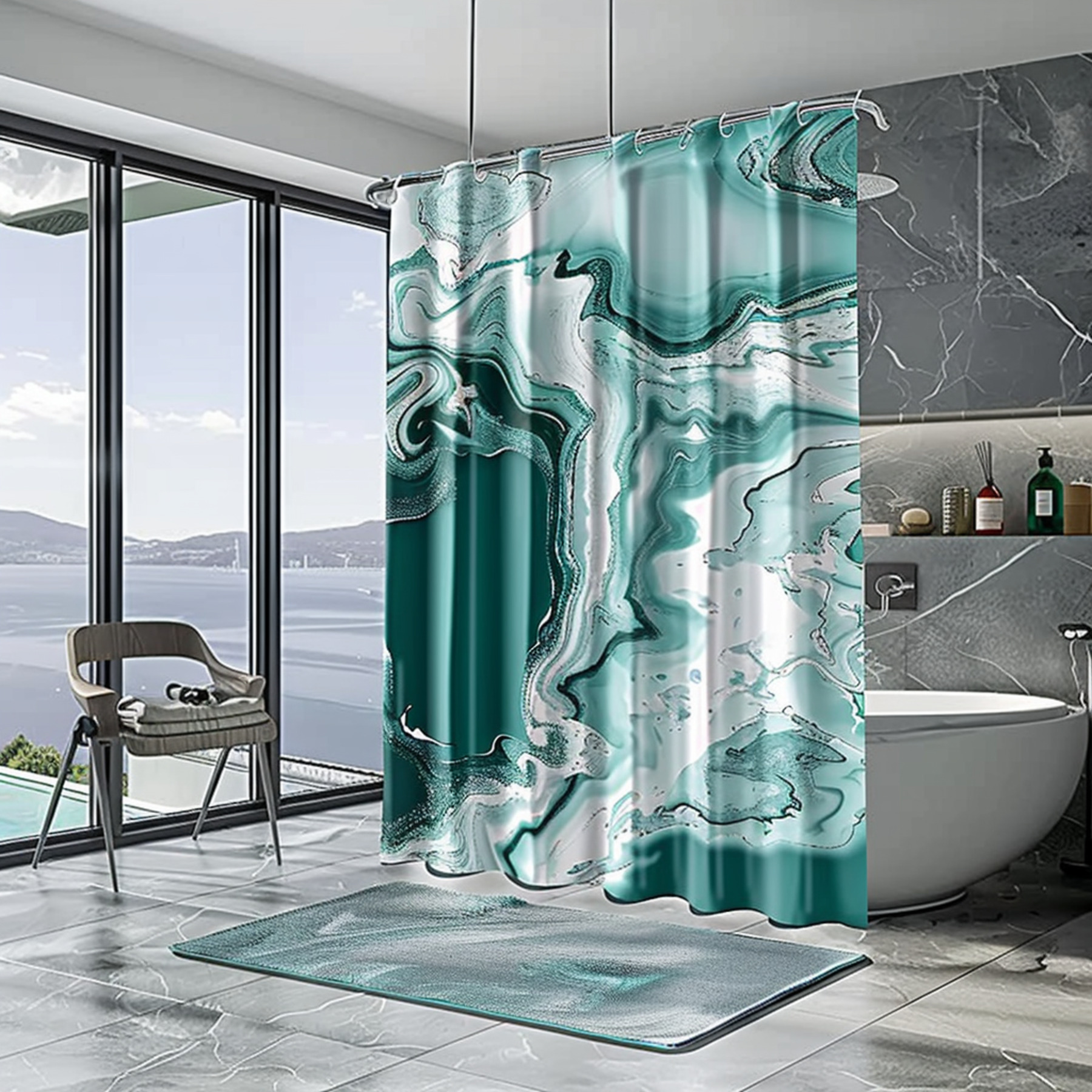 Modern Teal Marble Print Shower Curtain with White Accents for Stylish Bathroom Decor