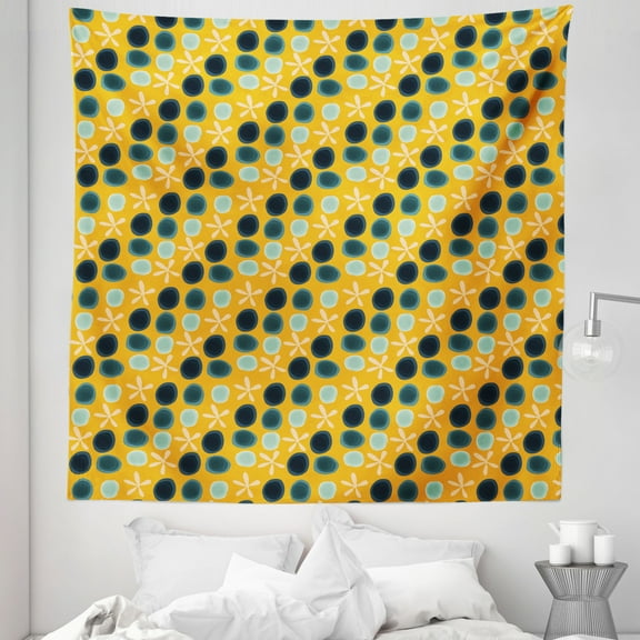 Modern Teal Tapestry, Circles and the Flowers Abstract Style of Drawing Illustration, Fabric Wall Hanging Decor for Bedroom Living Room Dorm, 5 Sizes, Mustard and Petrol Blue, by Ambesonne