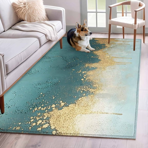Modern Teal Turquoise Area Rug 4'x6', Abstract Oil Painting Minimalist Art Washable Non-Slip Rugs, Low Pile Large Carpet for Living Room Bedroom Dining Room Kitchen Office Indoor Mat