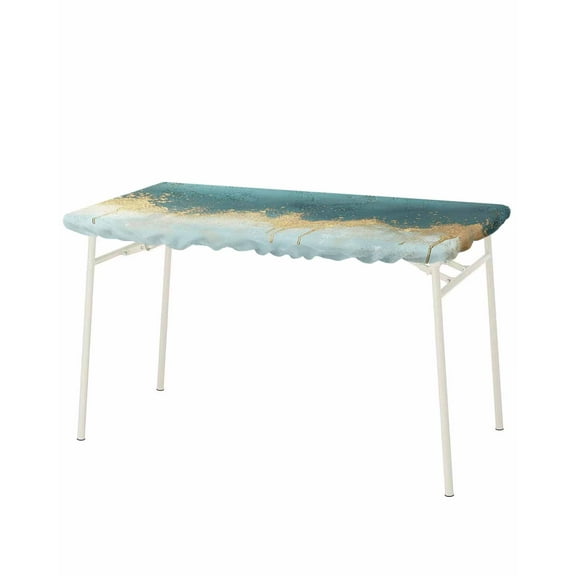 Modern Teal Turquoise Rectangle Tablecloth, Waterproof Elastic Fitted Table Covers for 8 Foot Tables, 32x96inch Decorative Tablecloths for Picnic, Camping, Abstract Oil Painting Minimalist Art