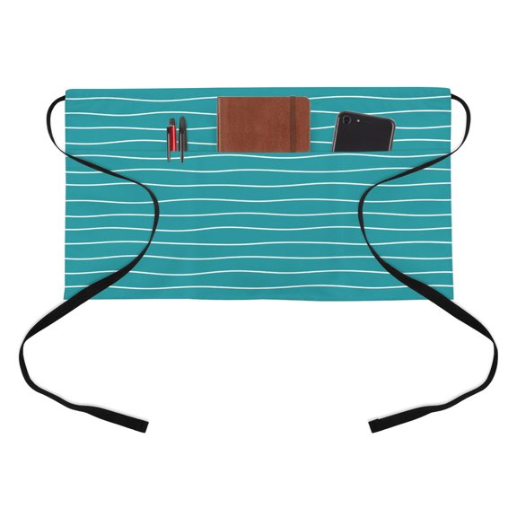 Modern Teal Wavy Stripe Kitchen Restaurant Half Waist Apron, Abstract Trend Rippling Water Lines Server Short Apron with 3 Pockets Waterproof Oil Waist Aprons for Women Waitress Waiter