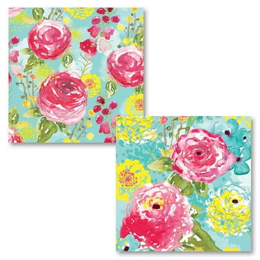 Modern Teal and Pink Rose Adult/Teen Floral Decor; 2 - 12" x 12" Unframed Prints