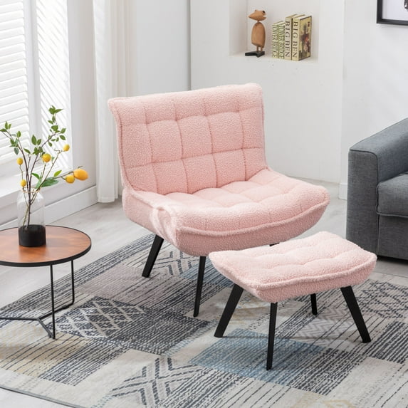 Modern Teddy Accent Chair with Ottoman,Comfy Single Sofa Armchair Lounge Chair With Black Legs,Upholstered Reading Chair for Home Office,Living Room,Bedroom,Pink