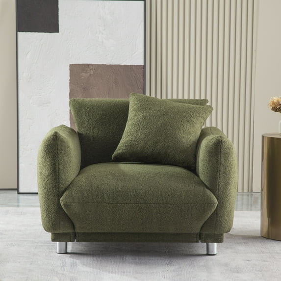 Modern Teddy Accent Chair, Upholstered Single Sofa Armchair with Lumbar Pillows and Metal Legs, Oversize Lovely Tufted Side Arm Chair for Living Room Bedroom, Green