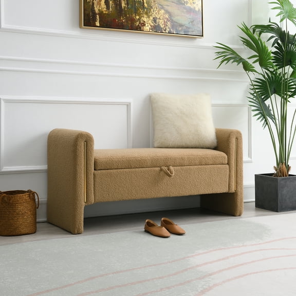 Modern Teddy Bed End Bench with Arms and Storage,Upholstered Large Foot Rest Stool, Comfy Window Vanity Bench for Living Room,Bedroom,Dorm,Coffee Table, Coffee