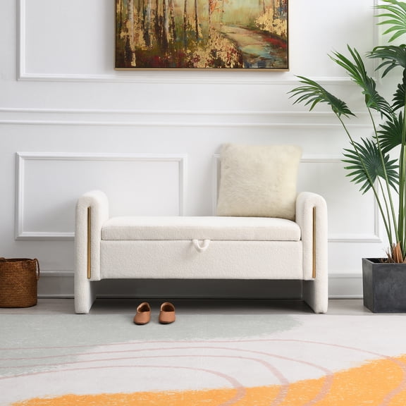 Cream Teddy Fabric Storage Bench with Arms, 52.3"X18.5"X24.4" Upholstered Foot Rest Ottoman for Bedroom, Living Room & Dorm (Plywood Frame, 41.7"X14.37" Storage Compartment)