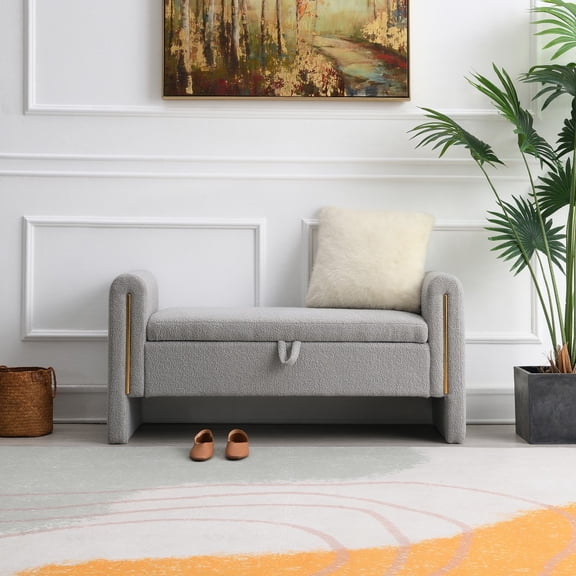 Modern Teddy Bed End Bench with Arms and Storage, Upholstered Large Foot Rest Stool, Comfy Window Vanity Bench for Living Room, Bedroom, Dorm, Coffee Table, Grey