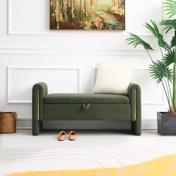 Modern Teddy Bed End Bench with Arms and Storage,Upholstered Large Foot Rest Stool,Comfy Window Vanity Bench for Living Room,Bedroom,Dorm,Coffee Table,Teddy Olive Green,Olive Green Plywood Furniture