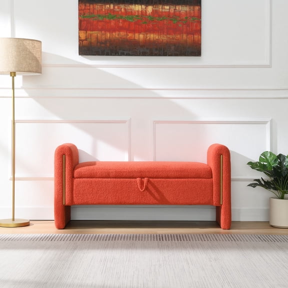 Modern Teddy Bed End Bench with Arms and Storage, Upholstered Large Foot Rest Stool, Comfy Window Vanity Bench for Living Room, Bedroom, Dorm, Coffee Table, Orange