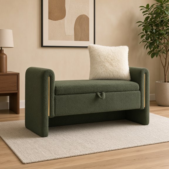 Modern Teddy Bed End Bench with Arms, Storage and Metal Accents, Olive Green