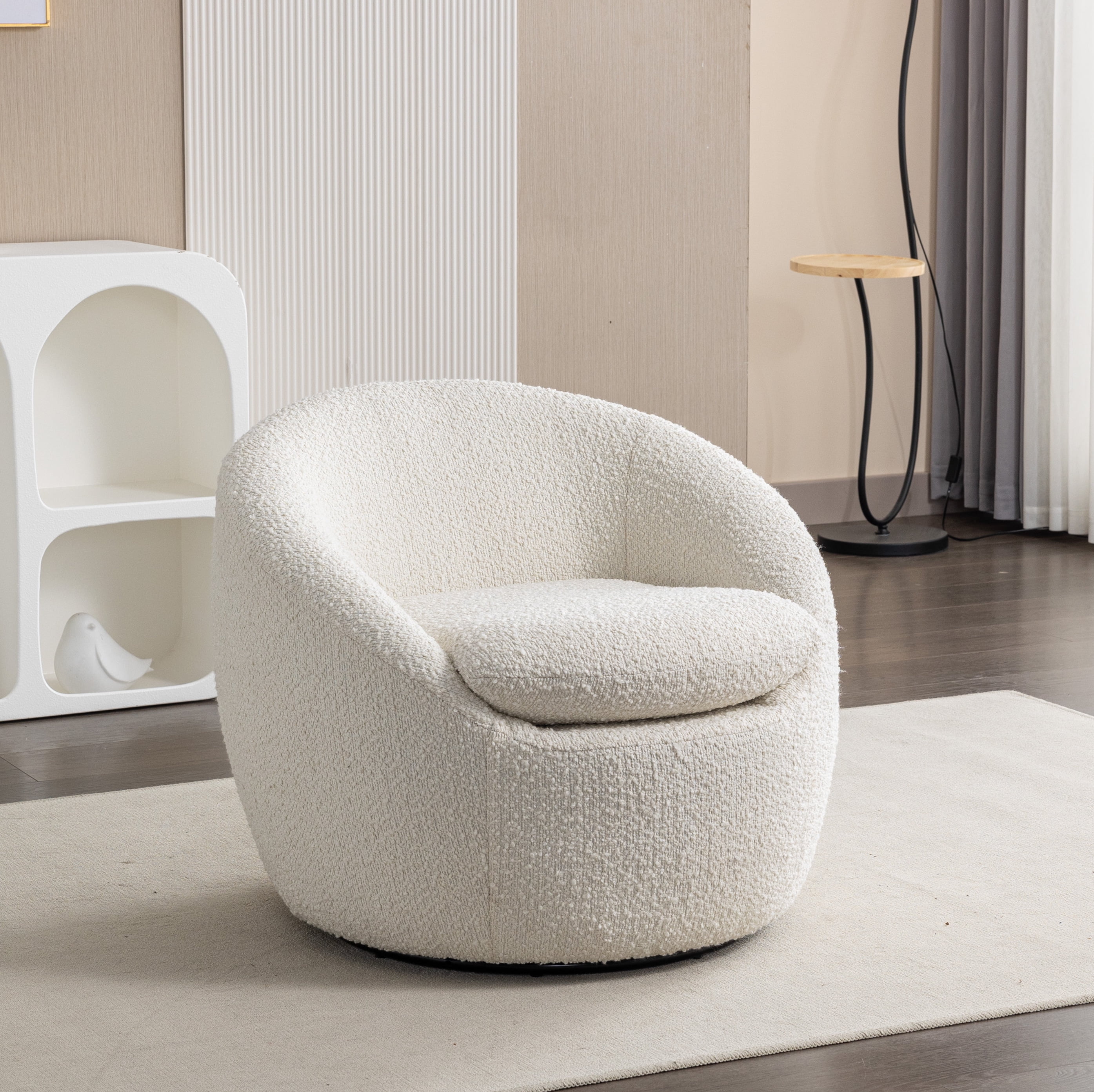 Winnie White Boucle Fabric Swivel Barrel Accent Chair