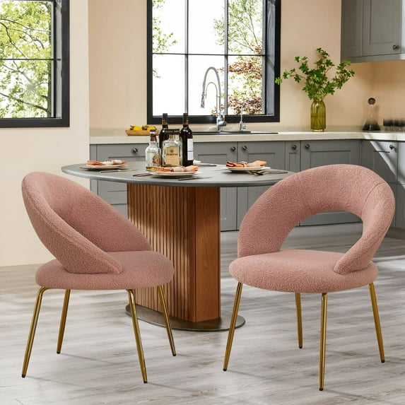 Modern Teddy Dining Chairs Set of 2, Comfort Accent Chairs with Curved Open Backrest and Metal Legs, Upholstered Dining Room Chair for Living Room, Bedroom, Kitchen, Pink