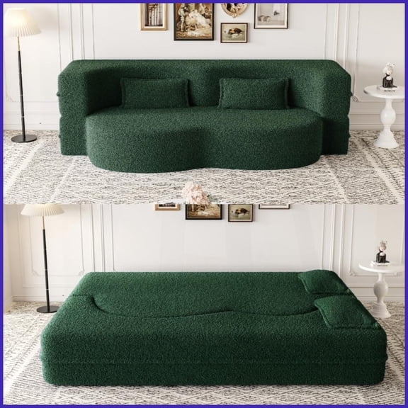 Modern Teddy Fabric Full Size Convertible Sleeper Sofa Bed with 2 Pillows - No Assembly for Living Room Guest Bed, Green