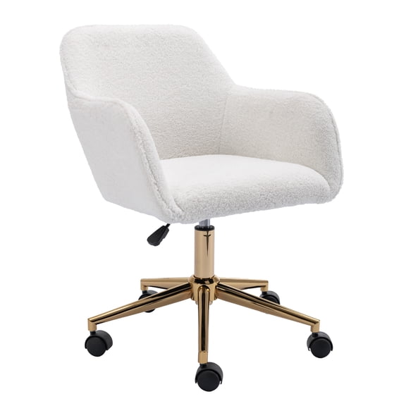 Modern Teddy Fabric Material Adjustable Height 360 Revolving Home Office Chair With Gold Metal Legs And Universal Wheel For Indoor,White