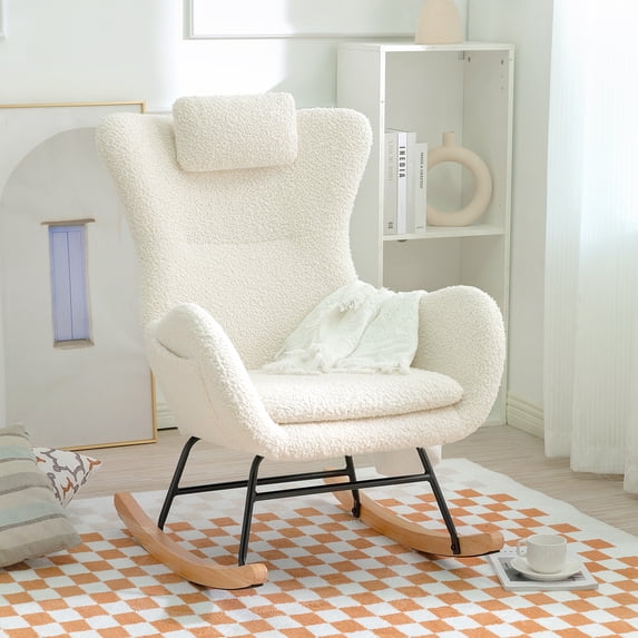 Modern Teddy Fabric Nursery Rocking Chair, Accent Rocker Chair with High Backrest for Nursery, Accent Glider Rocker Rocking Accent Chair for Living Room Bedroom Playroom, White