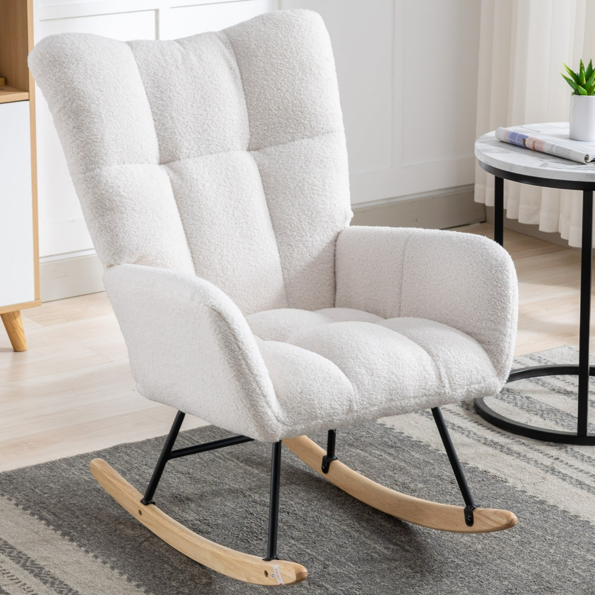 Modern Teddy Fabric Nursery Rocking Chair, Wingback Glider Rocker