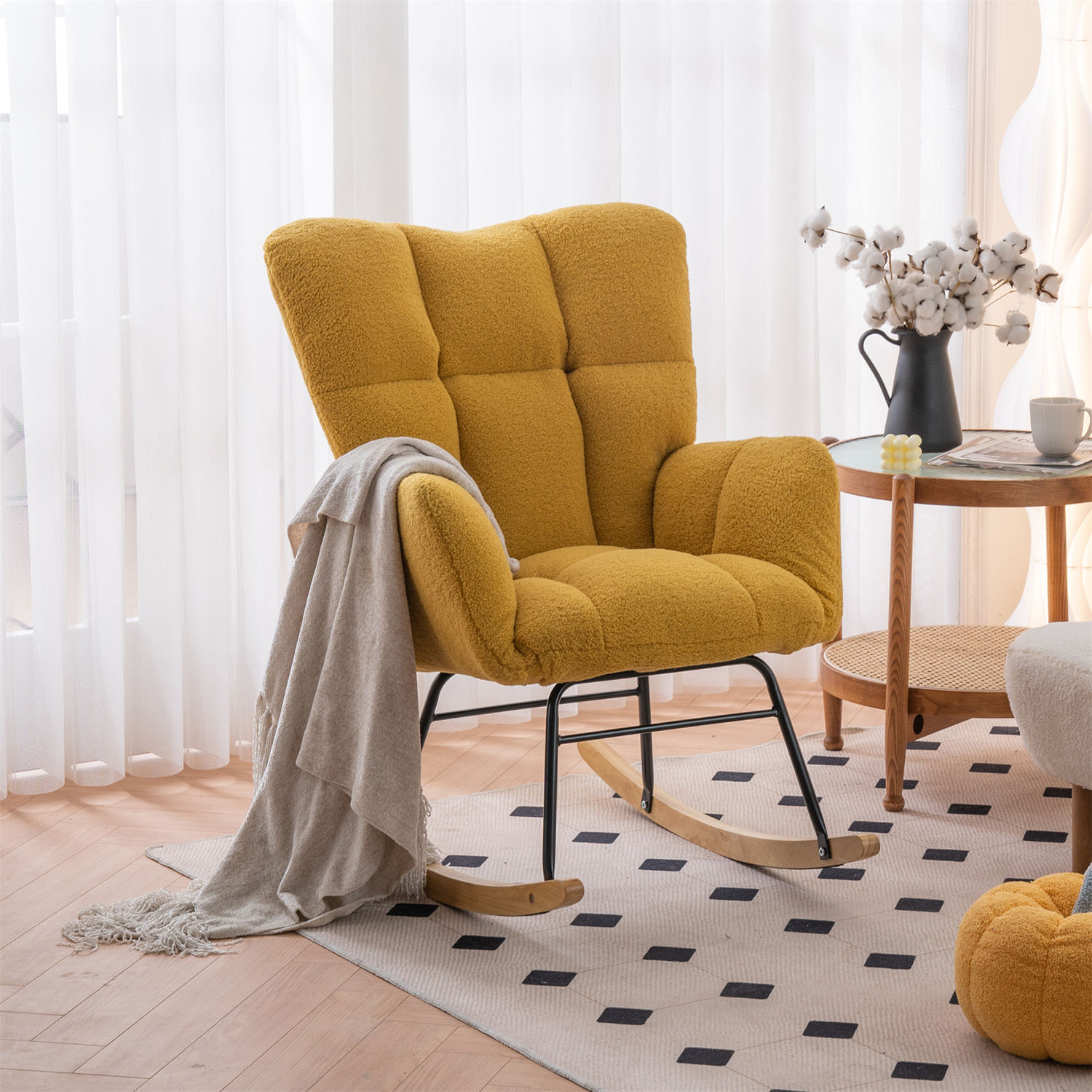 Accent Rocking Chair Small Modern Teddy Fabric Rocking Chair, Tufted Upholstered Accent Chair ...
