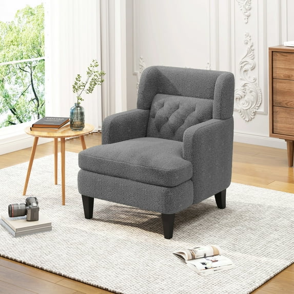Modern Teddy Fleece Accent Chair with Tufted Back & Birch Legs, Dark Grey