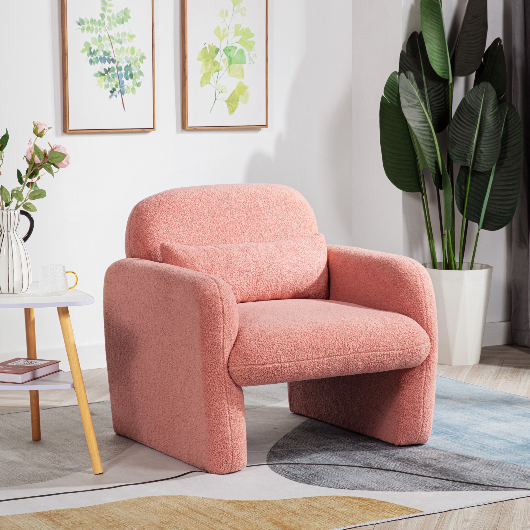 Modern Teddy Fleece Fabric Armchair, Accent Chair with a Waist Pillow and Comfy Upholstered, Single Sofa Chair with Backrest,for Living Room,Bedroom,Office,350 lbs Capacity,Pink