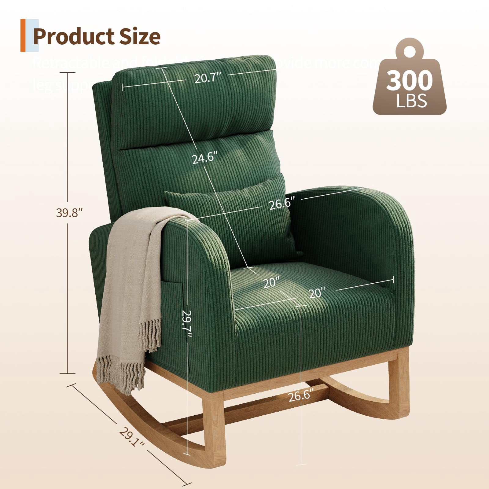 Modern Teddy Fleece Nursery Rocking Chair - High Back Glider with Pillow, Side Pockets for Bedroom & Nursing Room
