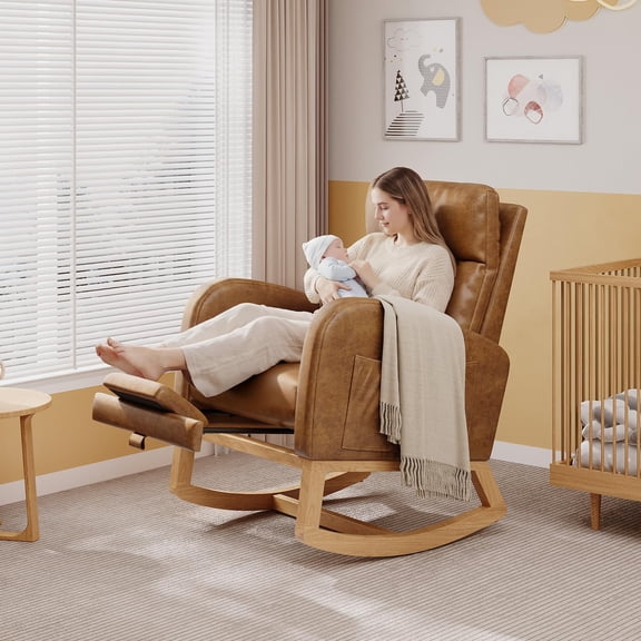 Modern Teddy Fleece Nursery Rocking Chair - High Back Glider with Pillow, Side Pockets for Bedroom & Nursing Room