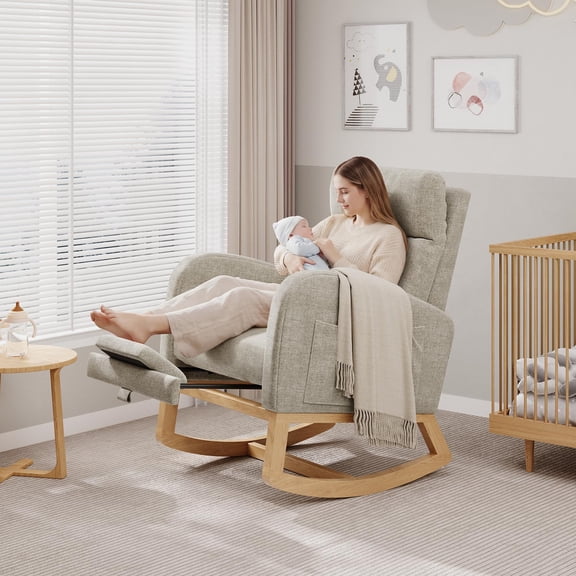 Modern Teddy Fleece Nursery Rocking Chair - High Back Glider with Pillow, Side Pockets for Bedroom & Nursing Room