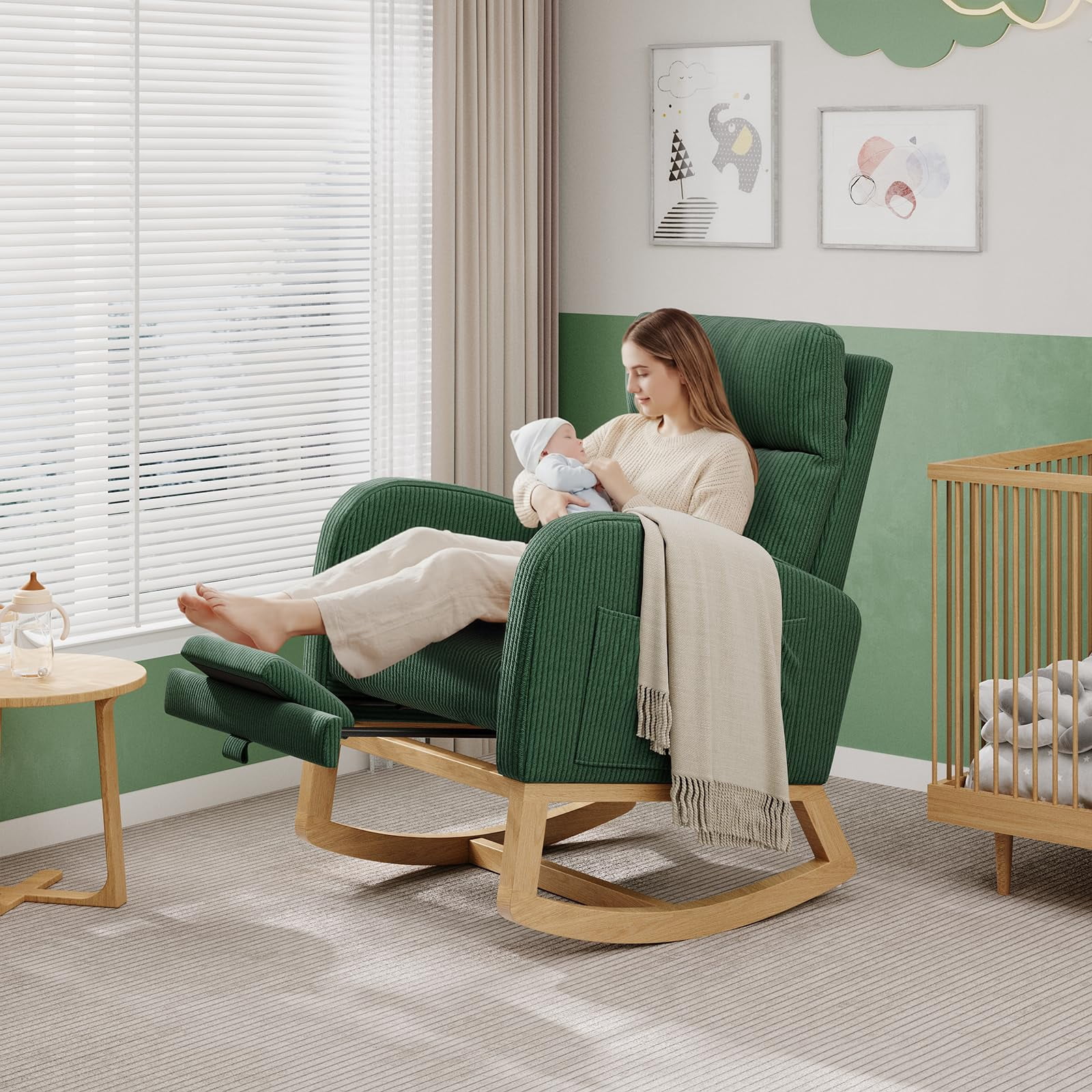 Modern Teddy Fleece Nursery Rocking Chair - High Back Glider with Pillow, Side Pockets for Bedroom & Nursing Room
