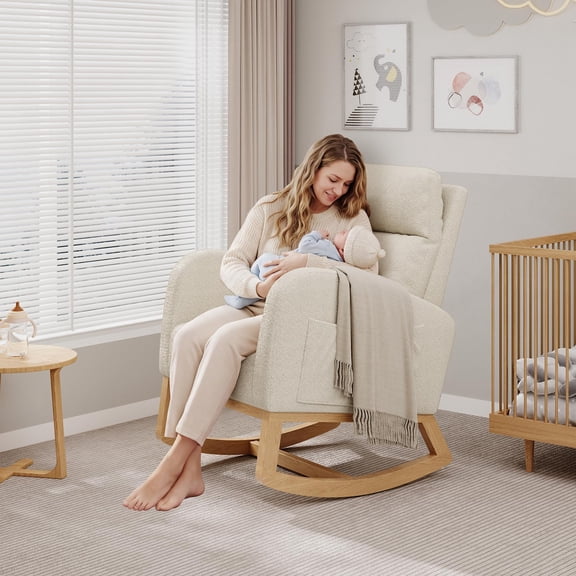 Modern Teddy Fleece Nursery Rocking Chair - High Back Glider with Pillow, Side Pockets for Bedroom & Nursing Room