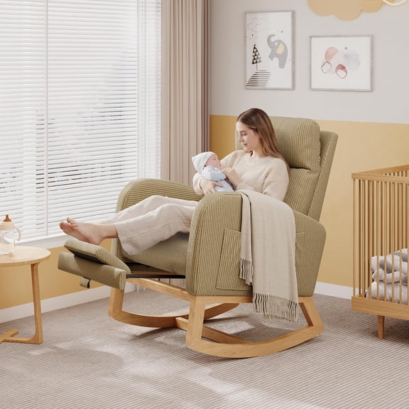 Modern Teddy Fleece Nursery Rocking Chair - High Back Glider with Pillow, Side Pockets for Bedroom & Nursing Room