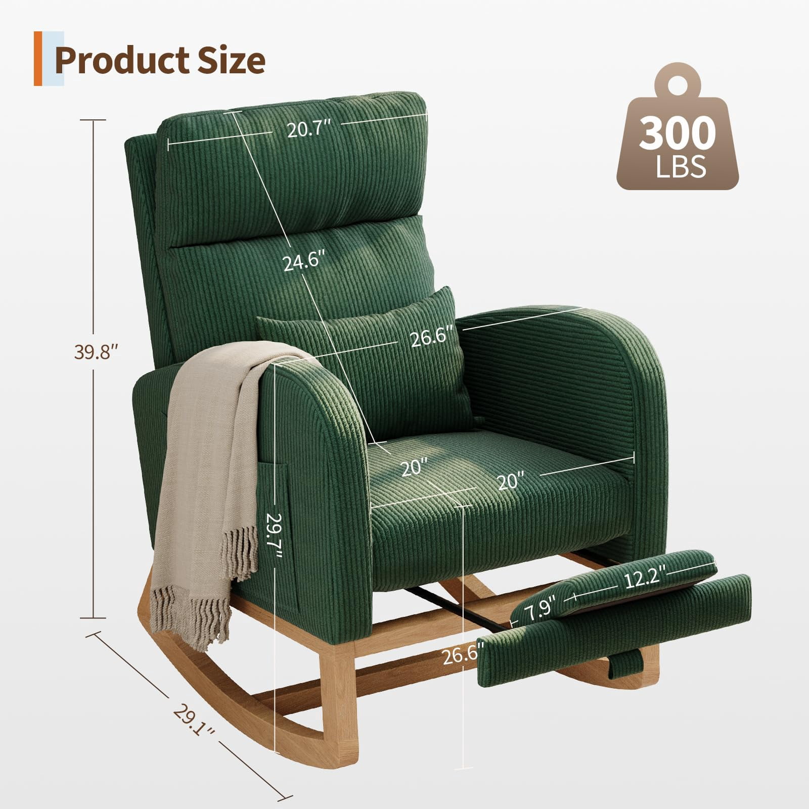Modern Teddy Fleece Nursery Rocking Chair - High Back Glider with Pillow, Side Pockets for Bedroom & Nursing Room