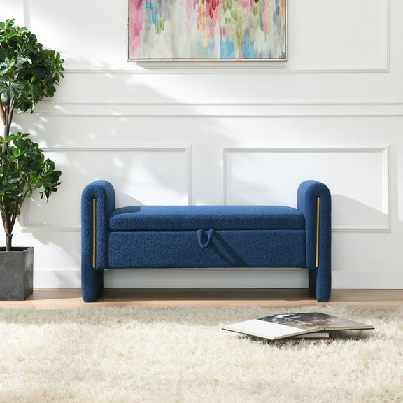 Modern Teddy Navy Blue Storage Bench with Arms: Plush Upholstered Large Foot Rest Stool for Living Room, Bedroom, Dorm, Vanity, Entryway.
