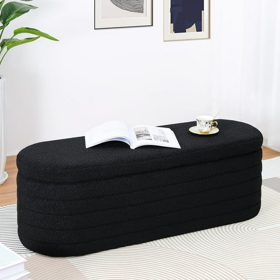 Modern Teddy Sherpa Storage Ottoman Bench, Upholstered Fabric Storage Bench for Bedroom End of Bed, Oval Boucle Window Bench with Safety Hinge, Black Ottoman for Bedroom Living Room Entryway