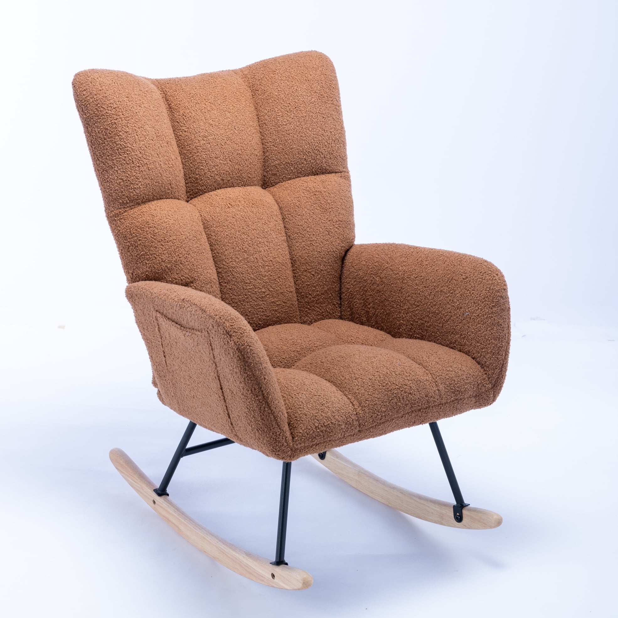 Modern Teddy Velvet Nursery Rocking Chair with Metal Frame, High Back